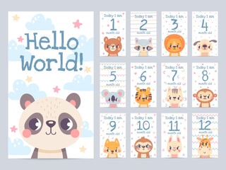 Baby month cards with animals. Monthly milestone stickers for newborn scrapbook. Kids age tags with sloth, lion, giraffe and fox vector set. Celebrating child growth with adorable characters