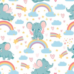 Elephants on rainbow seamless pattern. Magic animal print for kid nursery. Baby elephant in sky with clouds, stars and hearts vector texture. Childish characters for wrapping paper, wallpaper