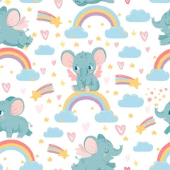 Wall murals Elephant Elephants on rainbow seamless pattern. Magic animal print for kid nursery. Baby elephant in sky with clouds, stars and hearts vector texture. Childish characters for wrapping paper, wallpaper