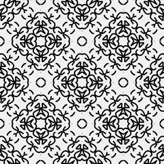 

Raster geometric ornament. Black and white seamless pattern with star shapes, squares, diamonds, grid, floral silhouettes. Simple monochrome ornamental background. Repeat design for decor, print