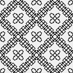 

Raster geometric ornament. Black and white seamless pattern with star shapes, squares, diamonds, grid, floral silhouettes. Simple monochrome ornamental background. Repeat design for decor, print
