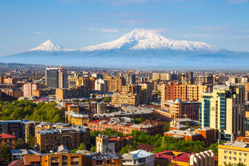 Mount Ararat (Turkey) at 5,137 m viewed from Yerevan, Armenia. This snow-capped dormant compound volcano consists of two major volcanic cones described in the Bible as the resting place of Noah's Ark.