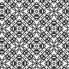 

Raster geometric ornament. Black and white seamless pattern with star shapes, squares, diamonds, grid, floral silhouettes. Simple monochrome ornamental background. Repeat design for decor, print