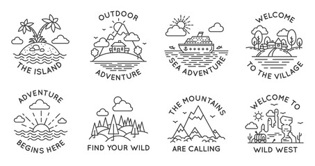 Adventure line badges. Outdoor travel logos and emblems with mountain, cabin in forest, tropical island, village and ocean liner, vector set. Welcome to Wild West, sea trip or journey