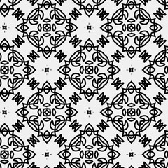 

Raster geometric ornament. Black and white seamless pattern with star shapes, squares, diamonds, grid, floral silhouettes. Simple monochrome ornamental background. Repeat design for decor, print