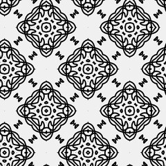 

Raster geometric ornament. Black and white seamless pattern with star shapes, squares, diamonds, grid, floral silhouettes. Simple monochrome ornamental background. Repeat design for decor, print