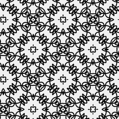 

Raster geometric ornament. Black and white seamless pattern with star shapes, squares, diamonds, grid, floral silhouettes. Simple monochrome ornamental background. Repeat design for decor, print