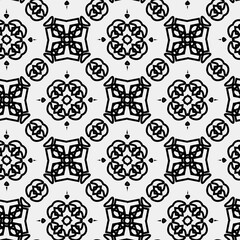 

Raster geometric ornament. Black and white seamless pattern with star shapes, squares, diamonds, grid, floral silhouettes. Simple monochrome ornamental background. Repeat design for decor, print