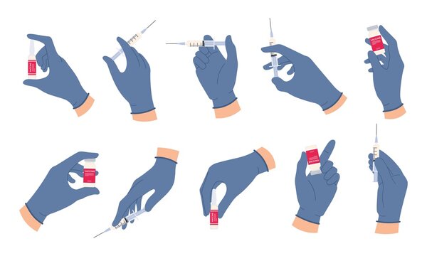 Doctor hands with vaccine. Nurse hand in medical gloves hold syringe and ampoule with medicine. Flu or covid vaccination concept vector set. Vial or phial for health injection in laboratory