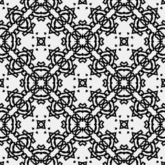 

Raster geometric ornament. Black and white seamless pattern with star shapes, squares, diamonds, grid, floral silhouettes. Simple monochrome ornamental background. Repeat design for decor, print