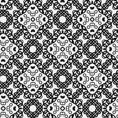 

Raster geometric ornament. Black and white seamless pattern with star shapes, squares, diamonds, grid, floral silhouettes. Simple monochrome ornamental background. Repeat design for decor, print