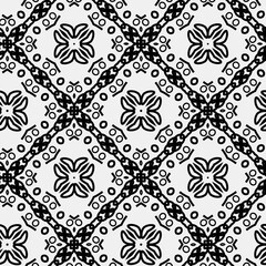 

Raster geometric ornament. Black and white seamless pattern with star shapes, squares, diamonds, grid, floral silhouettes. Simple monochrome ornamental background. Repeat design for decor, print