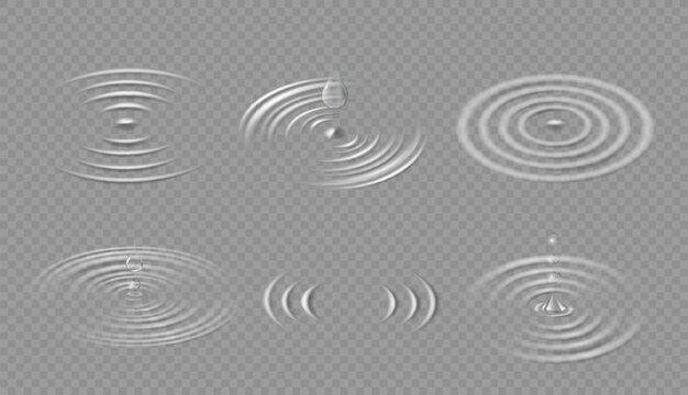Drops and ripples. Circular wave on water surface. Falling dripping droplet and concentric circle splash in puddle. Liquid ripple vector set side view. Spiral movement of fluid isolated on transparent