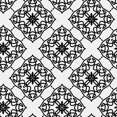 

Raster geometric ornament. Black and white seamless pattern with star shapes, squares, diamonds, grid, floral silhouettes. Simple monochrome ornamental background. Repeat design for decor, print
