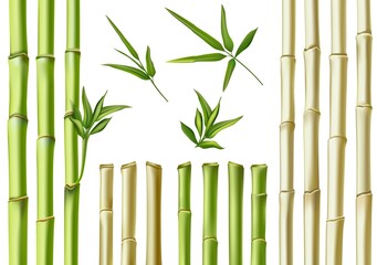 Realistic bamboo sticks. 3d green and brown branches, stem and leaves. Nature botanical hollow canes. Asian bamboo eco decoration vector set. Fresh green foliage, natural, organic plants