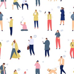 Fototapeta na wymiar Crowd with phones seamless pattern. Walking people using smartphones and gadgets. Mobile lifestyle and communication cartoon vector concept. Man and woman with devices addiction, online life