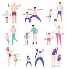 Fototapeta na wymiar Parents and children doing sport. Father and son play football, mother and daughter do fitness exercise. Family physical activity vector set. Active and healthy lifestyle, leisure time