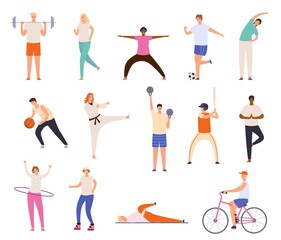 Fototapeta na wymiar Sport people. Men and women exercise, workout, doing yoga and fitness, run and playing basketball. Healthy lifestyle characters vector set. Riding bicycle, playing baseball and football