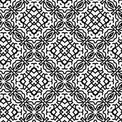 Raster geometric ornament. Black and white seamless pattern with star shapes, squares, diamonds, grid, floral silhouettes. Simple monochrome ornamental background. Repeat design for decor, print