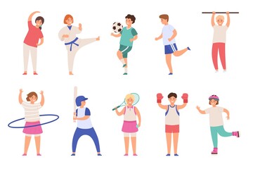 Sport kids. Children play football and tennis, doing exercise and karate, run and boxing. Boys and girls physical activities flat vector set. Teenagers in uniform and with equipment