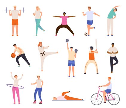 Sport people. Men and women exercise, workout, doing yoga and fitness, run and playing basketball. Healthy lifestyle characters vector set. Riding bicycle, playing baseball and football