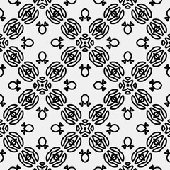 Raster geometric ornament. Black and white seamless pattern with star shapes, squares, diamonds, grid, floral silhouettes. Simple monochrome ornamental background. Repeat design for decor, print