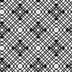 Raster geometric ornament. Black and white seamless pattern with star shapes, squares, diamonds, grid, floral silhouettes. Simple monochrome ornamental background. Repeat design for decor, print