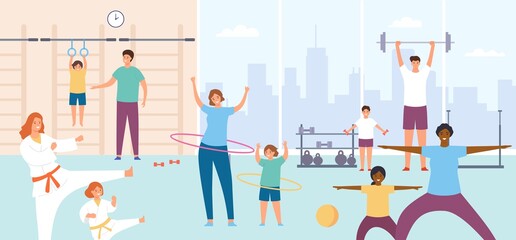 Parents and kids in gym. Families do exercise. Sport lesson or physical training for children. Karate, fitness and gymnastics vector concept. People with barbell, hula hoops, active lifestyle
