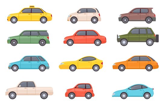 Flat cars. Cartoon vehicle side view. Taxi, minivan, mini car, suv and pickup truck. City auto transport icons. Automobile design vector set. City transportation objects isolated on white