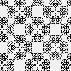 Raster geometric ornament. Black and white seamless pattern with star shapes, squares, diamonds, grid, floral silhouettes. Simple monochrome ornamental background. Repeat design for decor, print