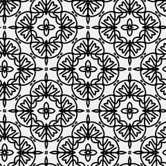 Raster geometric ornament. Black and white seamless pattern with star shapes, squares, diamonds, grid, floral silhouettes. Simple monochrome ornamental background. Repeat design for decor, print