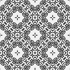 Raster geometric ornament. Black and white seamless pattern with star shapes, squares, diamonds, grid, floral silhouettes. Simple monochrome ornamental background. Repeat design for decor, print