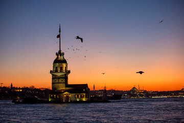 Maiden Tower (Kiz Kulesi) sunset landscape, Istanbul - Turkey