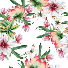 Fototapeta premium Bright seamless pattern with flowers. Hibiscus. Lotus. Butterfly. Watercolor illustration. Hand drawn.