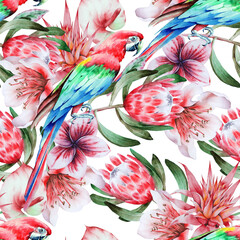 Bright  tropical seamless pattern with parrots and flowers. Watercolor illustration. Hand drawn.