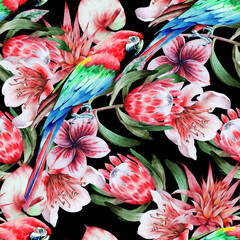 Bright  tropical seamless pattern with parrots and flowers. Watercolor illustration. Hand drawn.