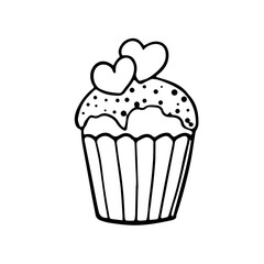 Simple cute cupcake with hearts decoration in doodle style. Vector