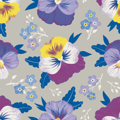 Seamless pattern with pansies and .forget-me-nots in trendy colors. Beautiful for textile