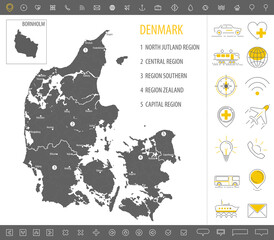 Detailed monochrome map of Denmark, gray country territory with geographic borders and administrative divisions on white background, travel icons set, vector illustration