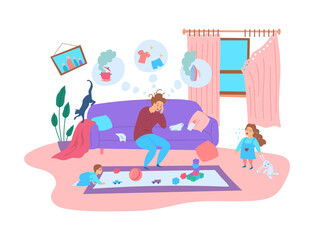 Cartoon Color Character Person Tired Mother Concept. Vector