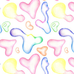Abstract watercolor pattern. Liquid colorful shapes and hearts in pastel colors	