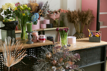 Flowers and bouquets at modern light flower shop