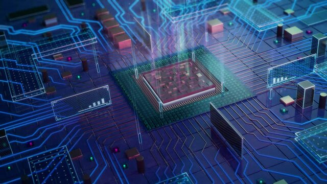 CPU computing visualization.  
Digital Lines Move Data.

Visualization of Machine Learning, AI, Networking and Cloud Computing Data. 
High-quality Ultra HD, 4K 3840x2160 3D animation. 