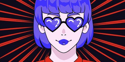 Trendy pop art style poster with gothic anime girl personage wearing heart-shaped sunglasses. Page of the manga comics book with cartoon character.