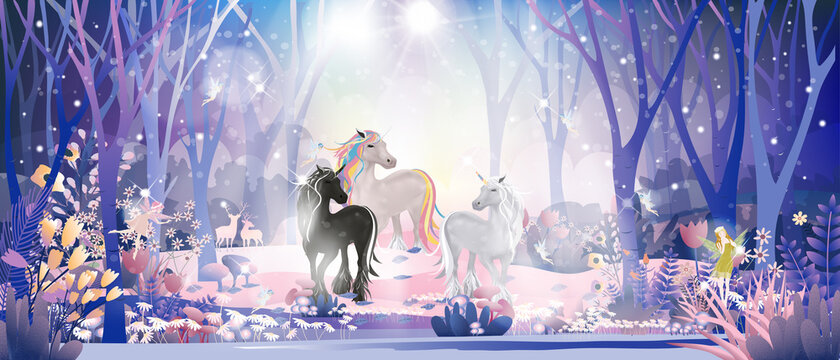 Fantasy cute little fairies flying and playing with Unicorn family in magic forest at Christmas night, Vector illustration landscape of Winter wonderland.Fairytale background for bed time story cover © Anchalee
