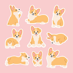 Kawaii corgi stickers set, happy little fun dog pets with smiling cute face, sitting and standing in different poses. Big puppy collection. Hand drawn trendy modern illustration in flat cartoon style