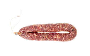 Homemade pork dried cured sausage on white background.