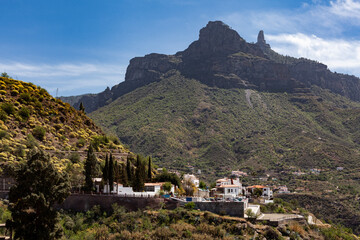 Fototapeta premium The Tejeda village and Bentayga Rock on the horizon, Gran Canaria, Canary Islands, Spain