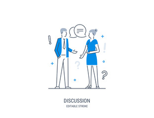 Discussion, collaboration, teamwork power, share opinion, brainstorming. Conversation of a man and a woman. Vector illustration. Editable stroke.