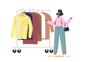 Woman choosing clothes on hanger. Female character on shopping in fashion boutique